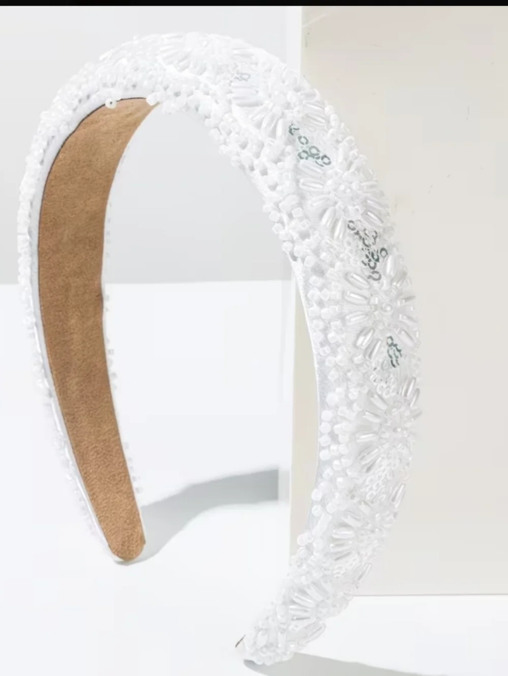 White Headband Hand Sewn Rice Beads Sequins
